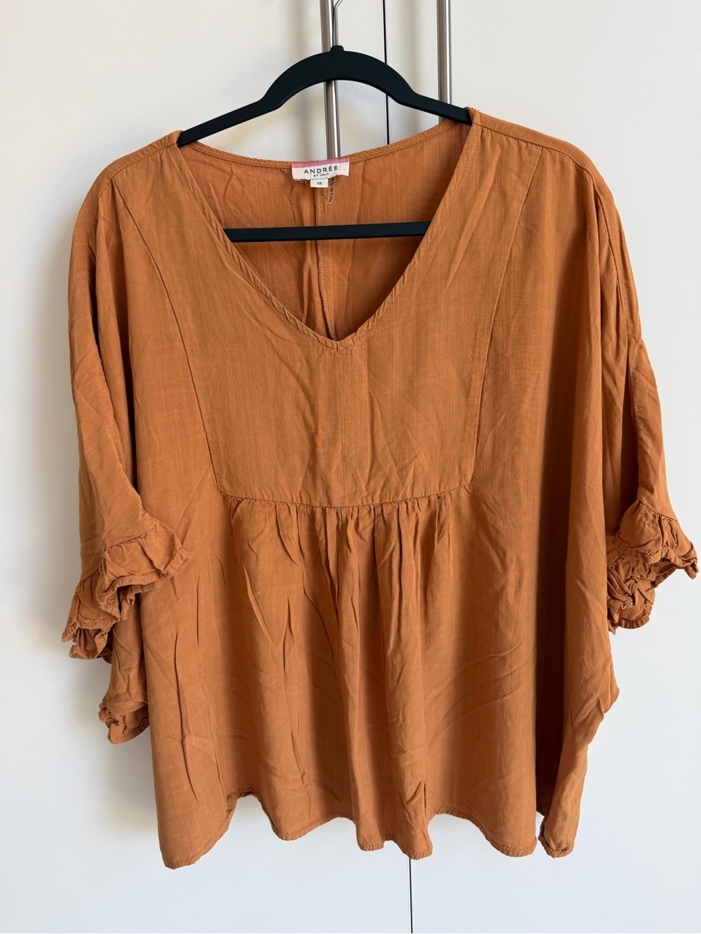Andrée by Unit 1X Rust Dolman Sleeve Boho Rayon Blouse Relaxed V-Neck Top - Picture 2 of 11